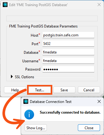Add Database Connection dialog filled in for the FME Training PostGIS Database with a successful test result.
